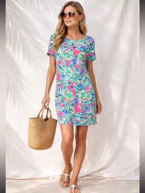 NWT Cappagallo Tropical Palm Print Shift Dress Pink Blue Size L